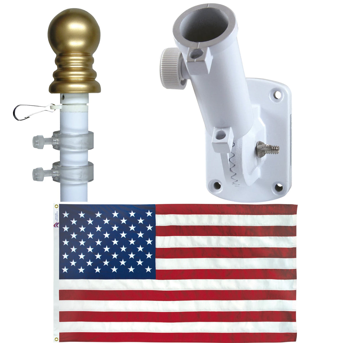 Non Tangle Flagpole Kit w/ Flag, Adjustable Bracket & Aluminum Pole