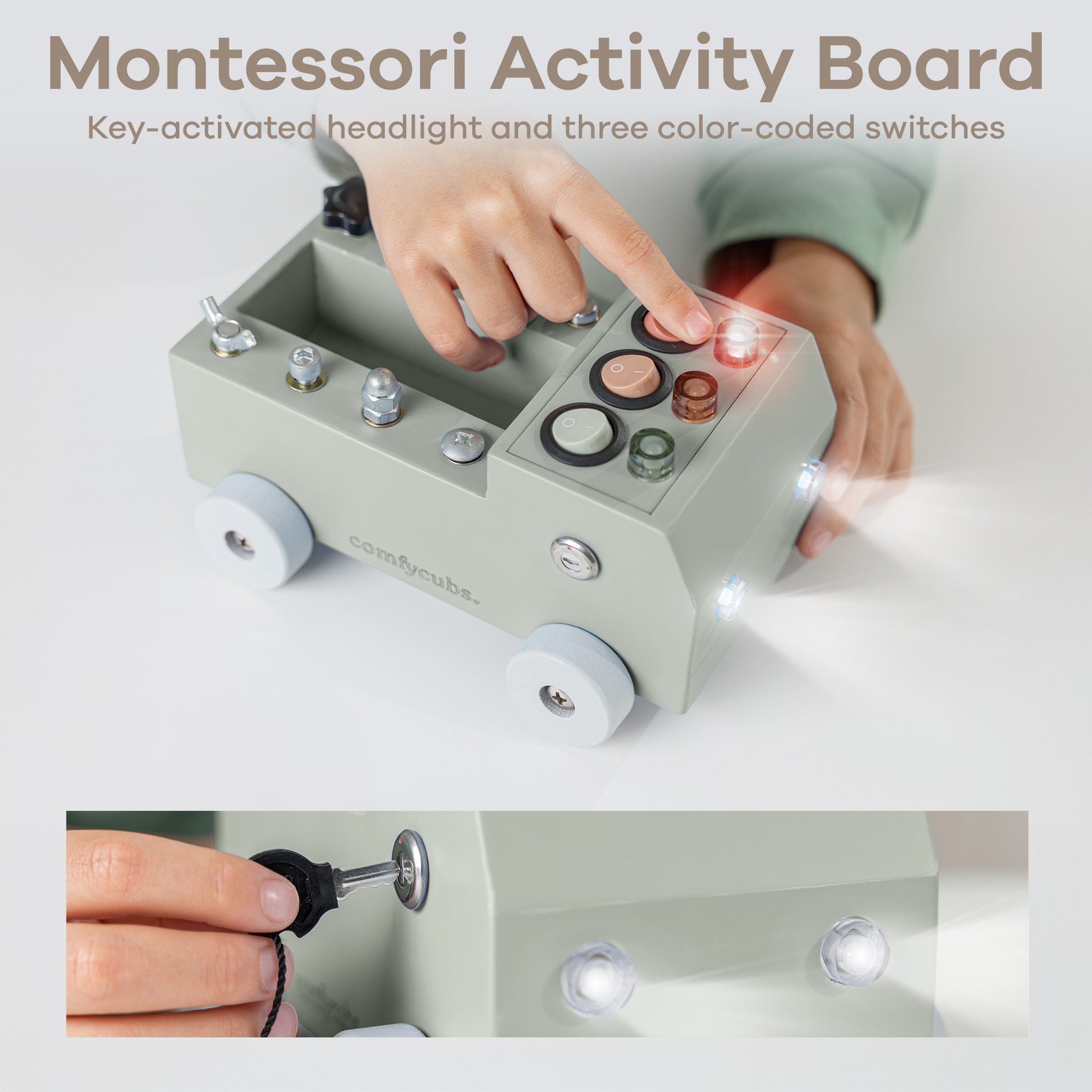 Busy Board Truck Toy Set with LED Light Switch for Kids 3+: Sage