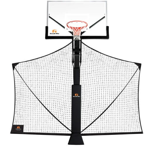 A black and white basketball hoop net attached to a basketball hoop, designed to keep balls in play and off the court.