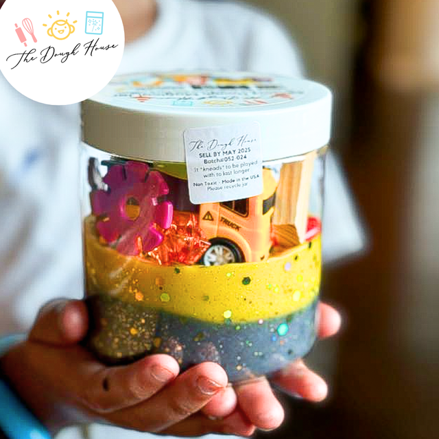Super Size Construction sensory dough jar with blue and yellow dough