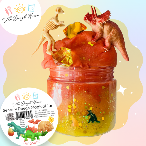 Fun Size Dinosaur sensory dough jar with colorful dough and dino toys