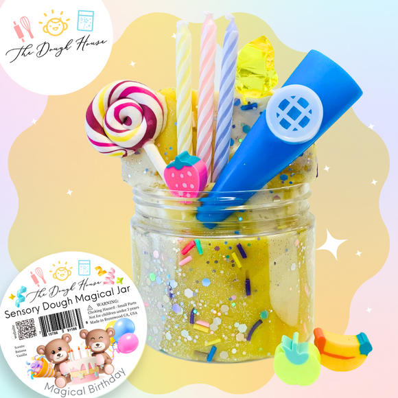 Fun Size Party sensory dough jar with colorful dough and trinkets