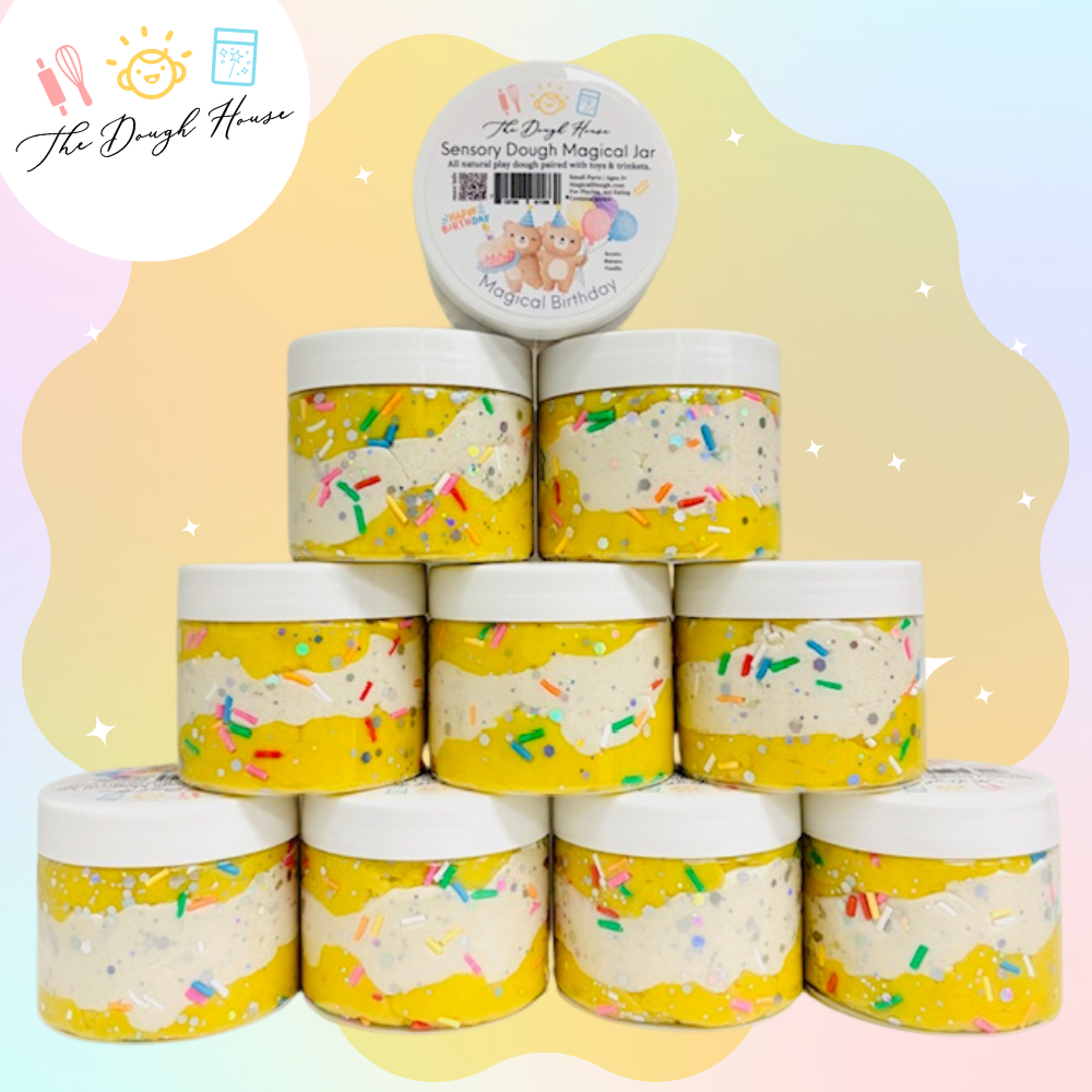 Party-themed sensory dough jar with confetti and toys