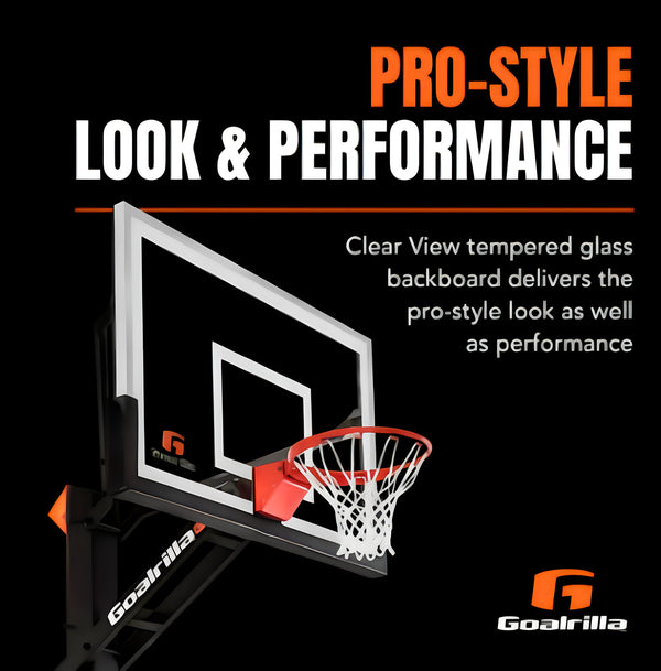 Goalrilla basketball hoop with 'Pro-Style Look & Performance' text on a black background